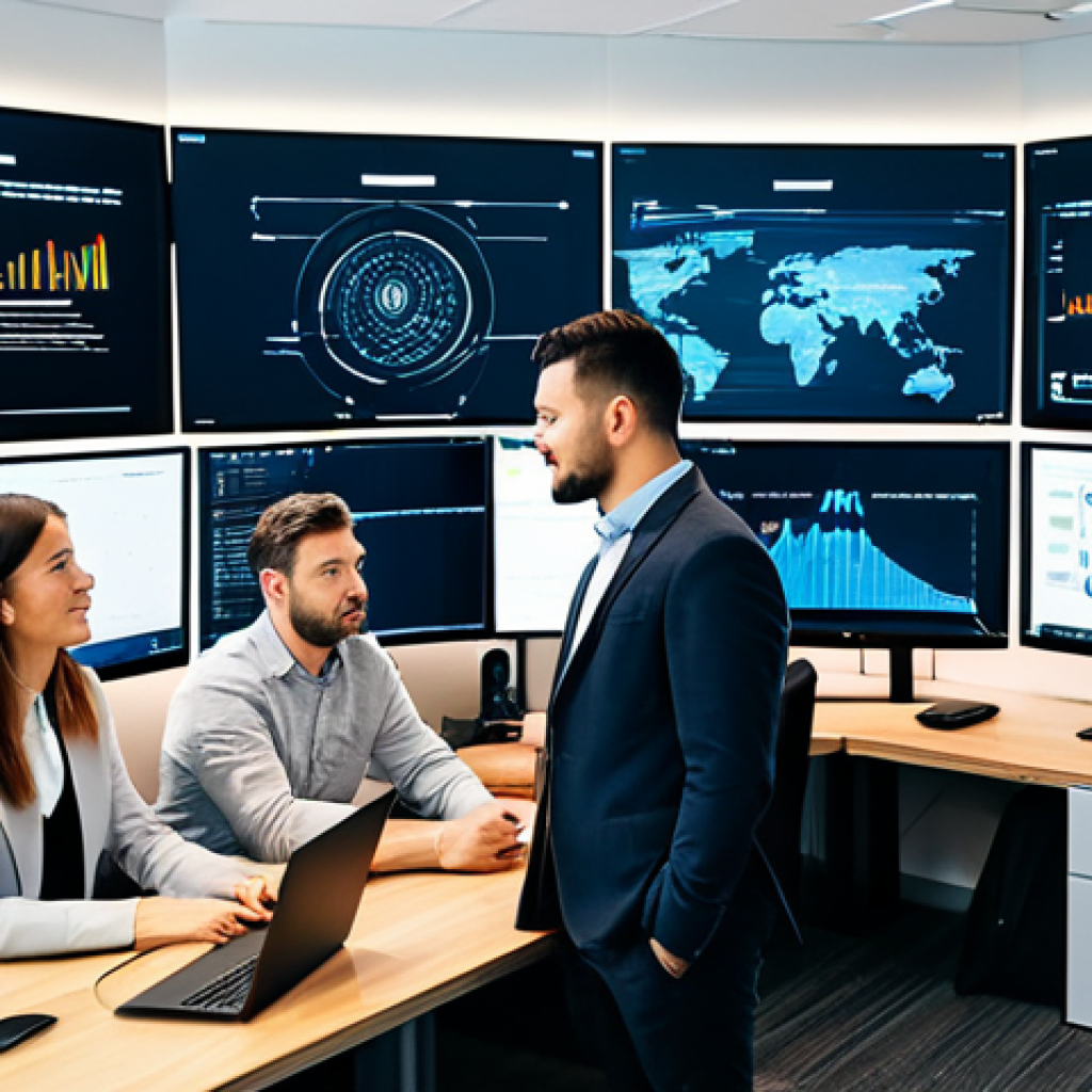 A team of diverse software developers (men and women) in professional business casual attire, fully clothed, appropriate attire. They are collaborating in a modern, brightly lit open-plan tech office. Multiple large screens display intricate code, network diagrams, and interconnected modules, symbolizing complex micro-frontend architecture. A central holographic display projects a sophisticated, unified system showing various components seamlessly integrated, representing order and coherence. Professional photography, high-resolution, sharp focus, natural lighting, perfect anatomy, correct proportions, natural pose, well-formed hands, proper finger count, natural body proportions, safe for work, appropriate content, fully clothed, professional.