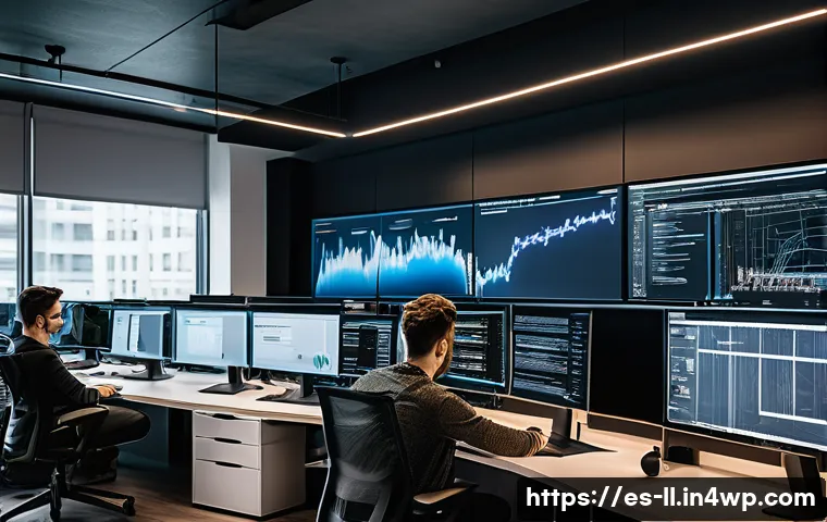 마이크로 프론트엔드의 이벤트 관리 기법 - A modern office workspace with diverse software engineers collaborating on micro frontends architect...