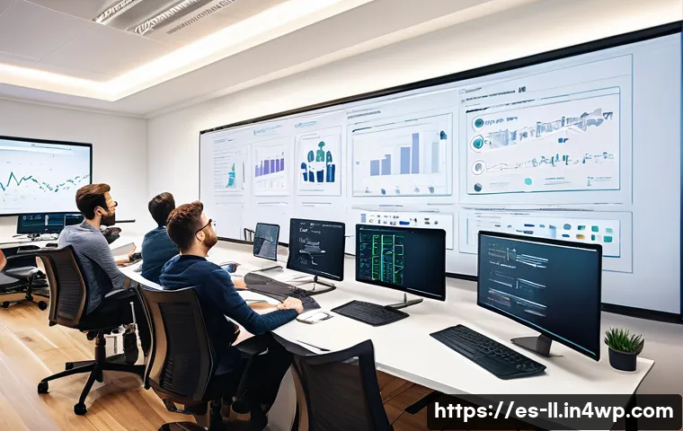 마이크로 프론트엔드의 생명주기 관리 - A modern software development team collaborating in a bright, spacious office filled with multiple l...