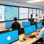 Home 23 마이크로 프론트엔드의 에코시스템 이해 - A vibrant, modern office scene showing a diverse team of software developers collaborating around mu...