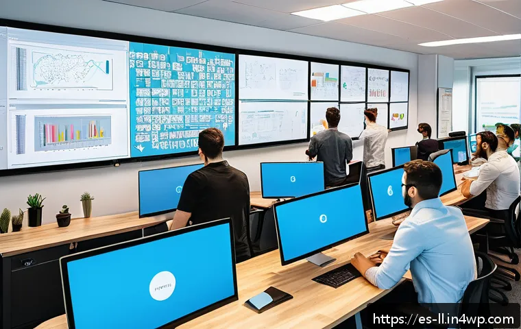 마이크로 프론트엔드의 에코시스템 이해 - A vibrant, modern office scene showing a diverse team of software developers collaborating around mu...