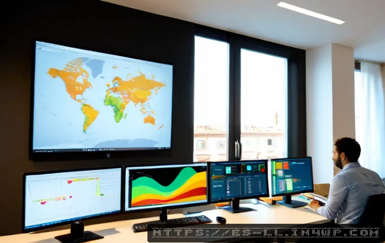 마이크로 프론트엔드의 실시간 데이터 처리 - Photorealistic modern technology workspace in Madrid, Spain, diverse software team monitoring real-t...